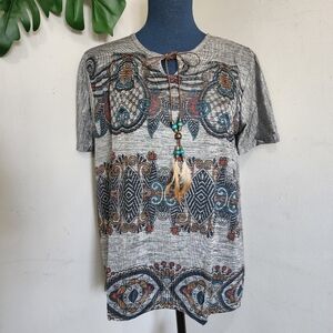 Boho Print Lightweight Tunic Top with Feathers